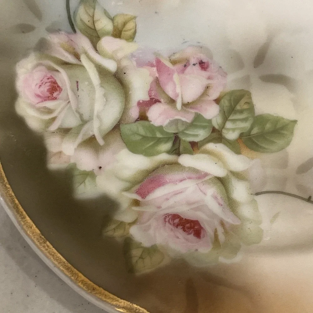 Antique Germany Porcelain Plate Large Pink & White Cabbage Roses, 6